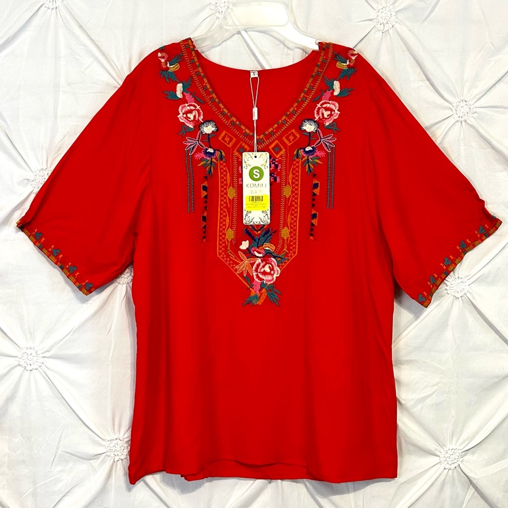 NWT Red Embroidered BOHO Top- small